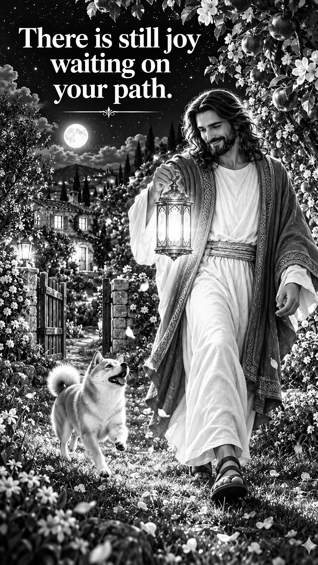 Jesus Christ walking with a lantern in a flower-filled garden - AI-generated stock image
