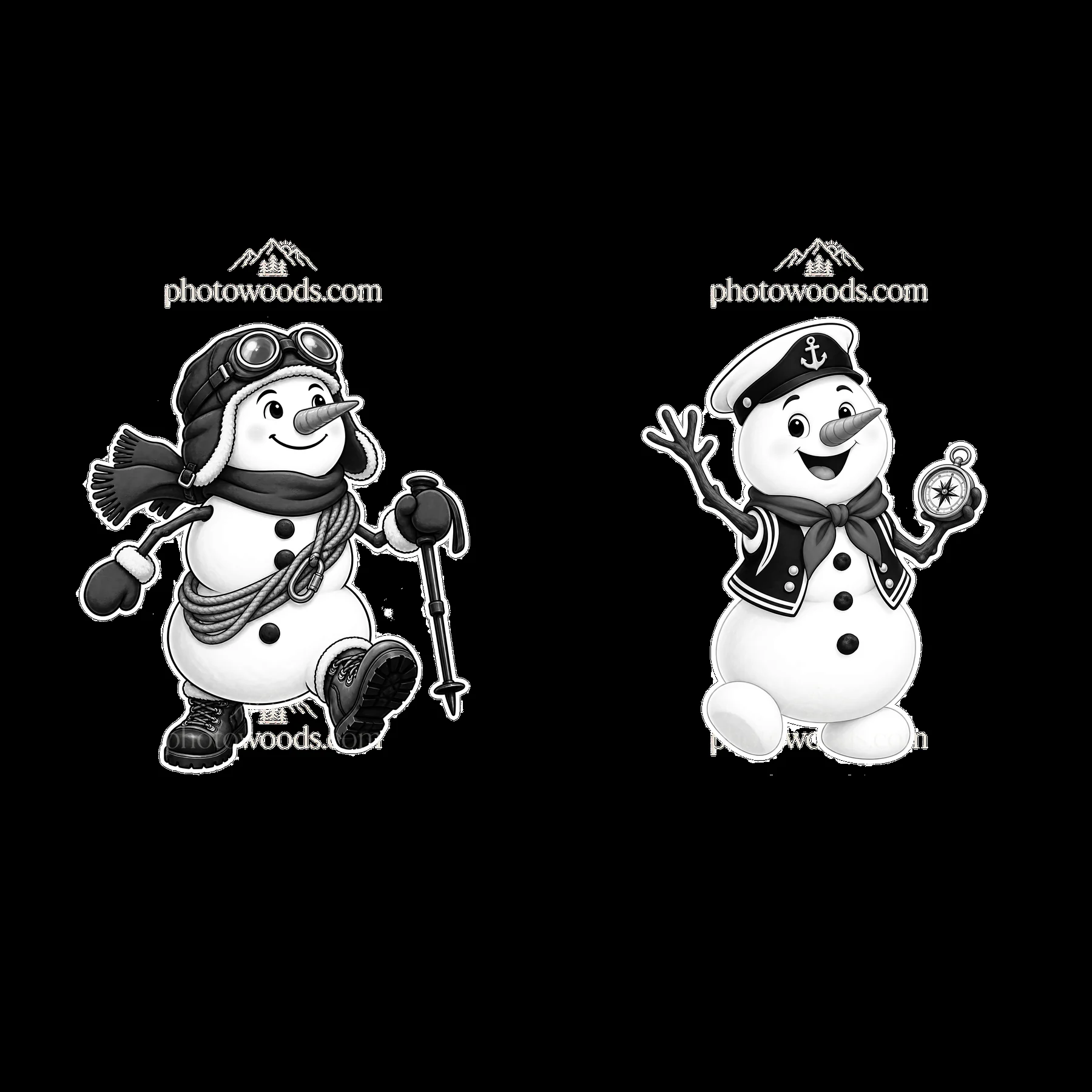 Two cartoon snowmen in adventure and nautical themes - AI-generated stock image