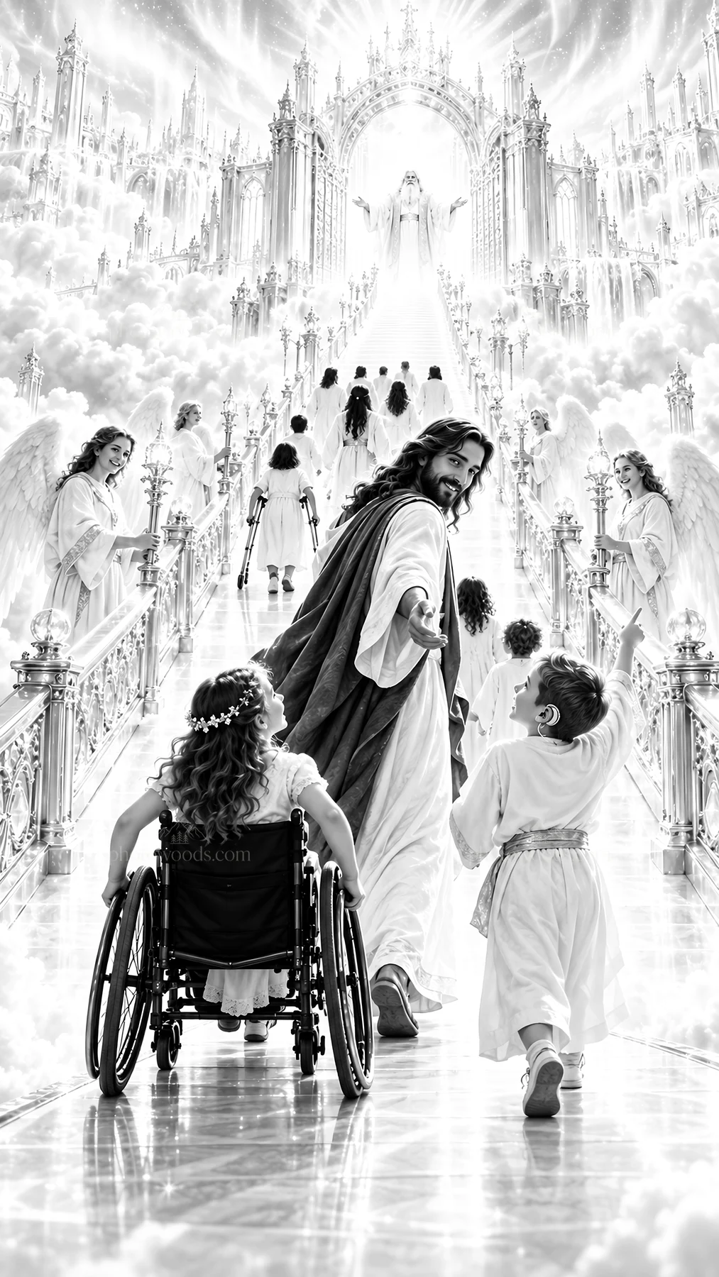 Jesus Christ leading children to a bright heavenly realm - AI-generated stock image