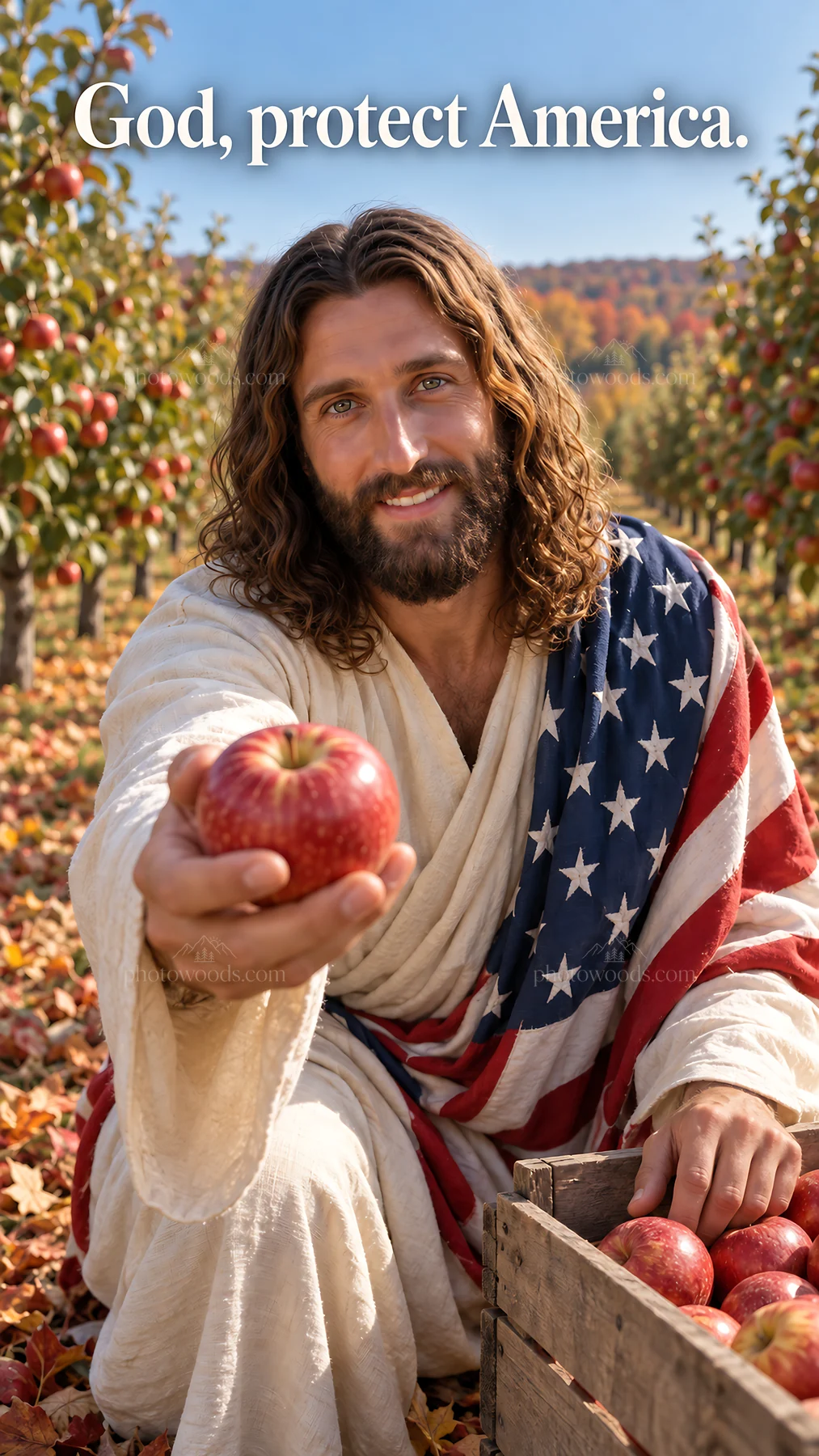 Jesus Christ welcoming with an apple in a harvest setting - AI-generated stock image