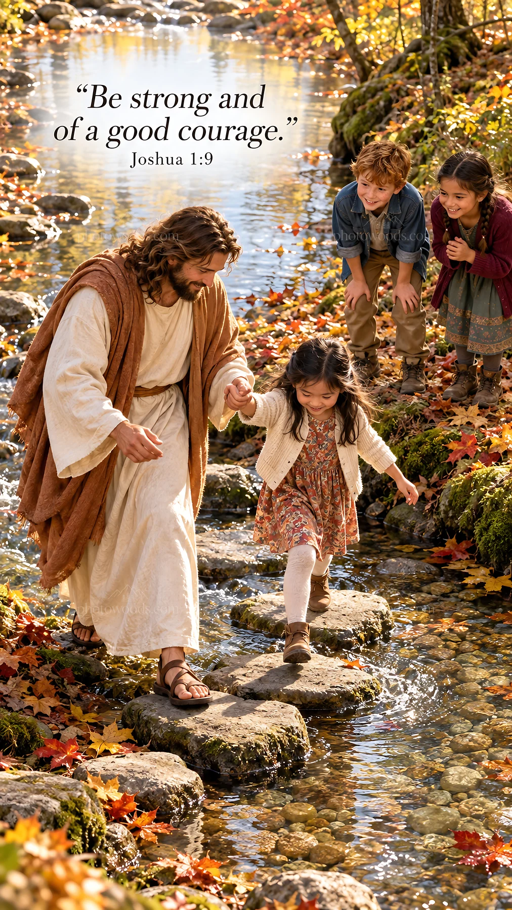 Jesus Christ guiding children across a stream in autumn - AI-generated stock image