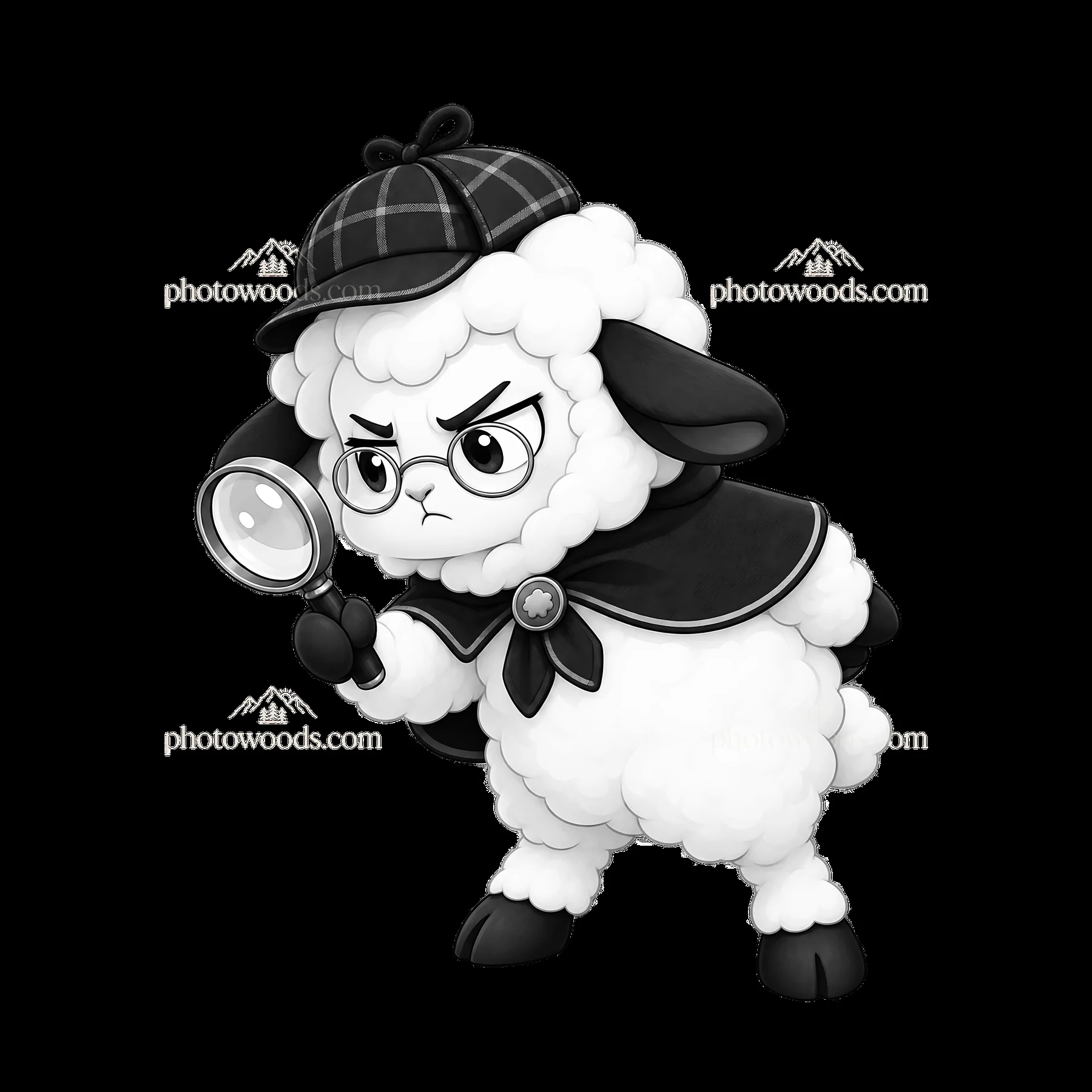 Grumpy sheep detective with magnifying glass in cartoon style - AI-generated stock image
