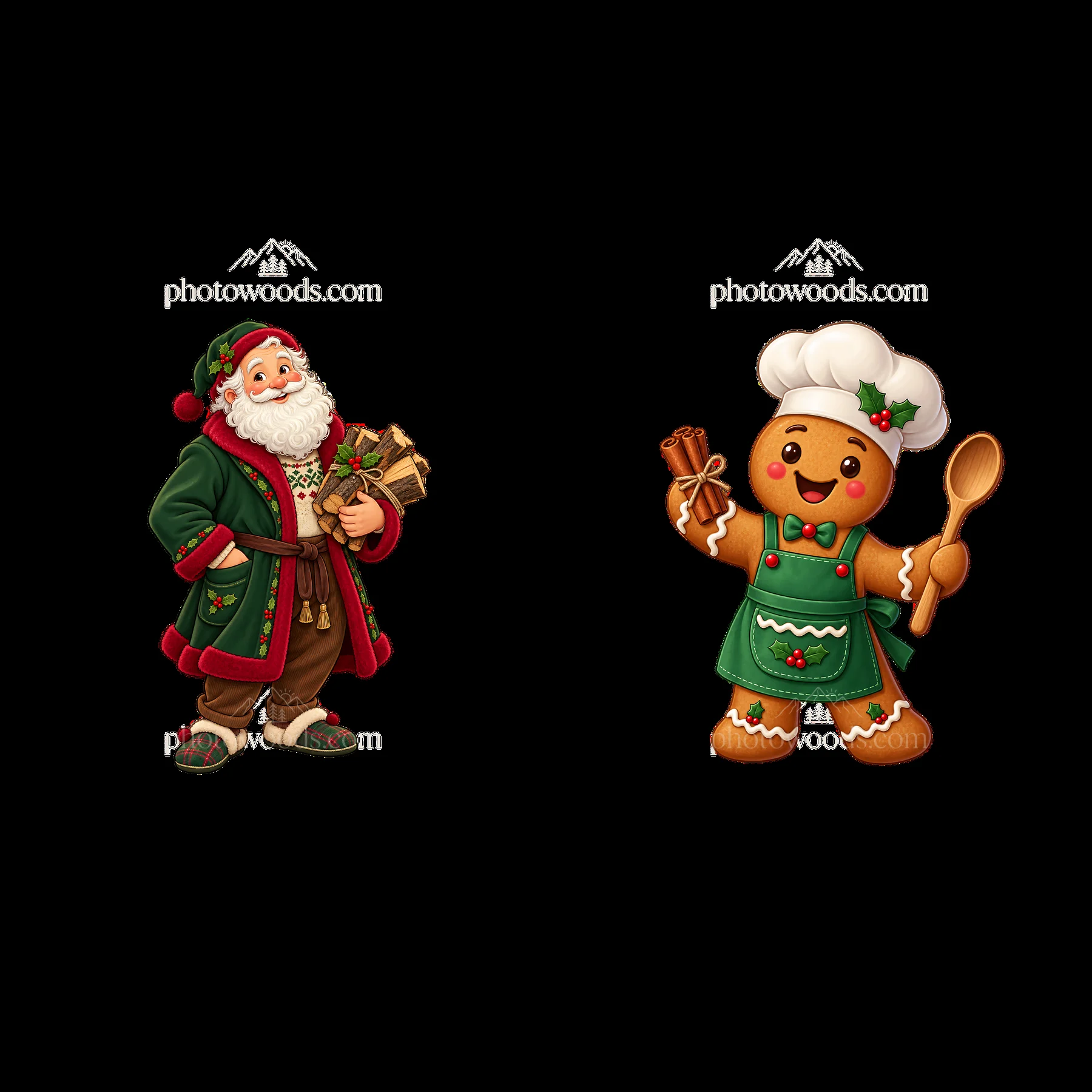 Santa Claus and gingerbread man holding kitchen utensils - AI-generated stock image