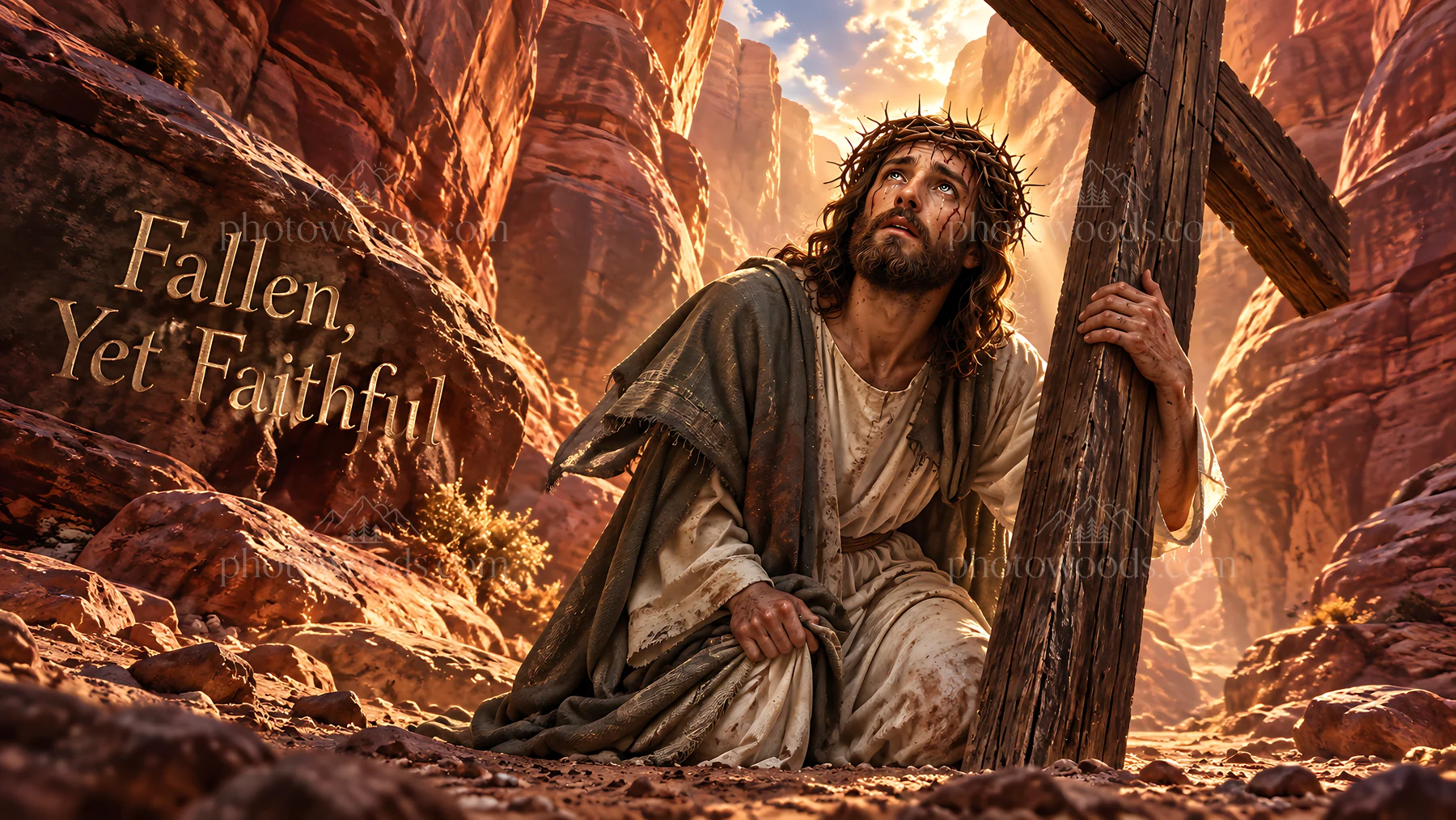 Man with a cross in a canyon setting at sunset - AI-generated stock image
