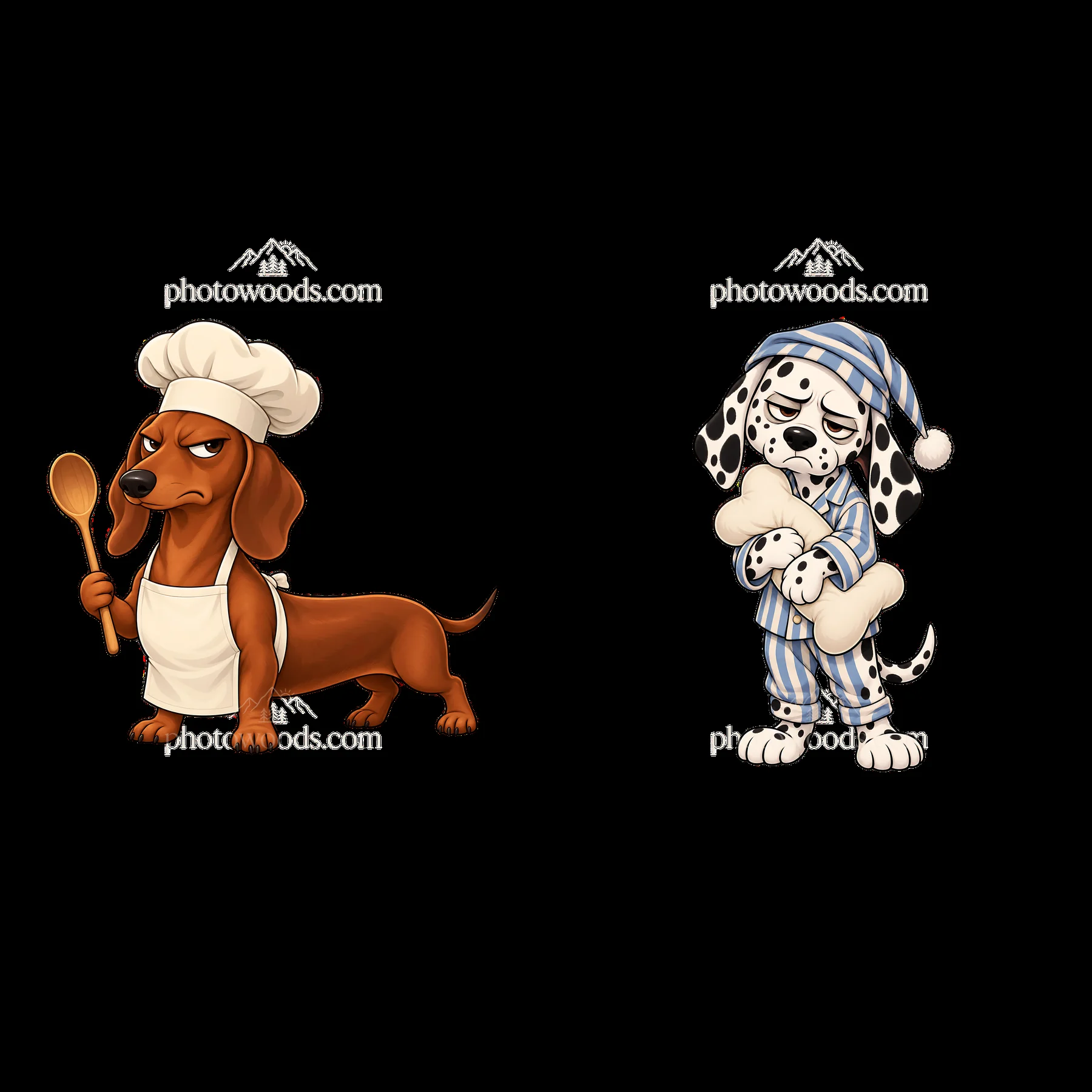 Grumpy dog chef holding a spoon beside a sleepy dalmatian in pajamas - AI-generated stock image