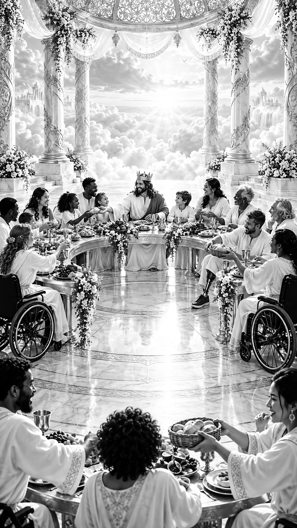 Jesus Christ sharing a meal with people in a heavenly setting - AI-generated stock image