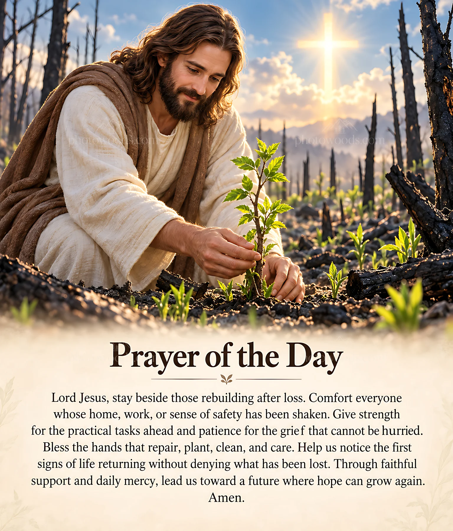 Renewal after the fire with a man planting a seedling - AI-generated stock image
