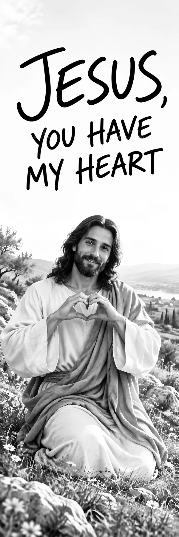 Jesus Christ shows love and acceptance through a heart gesture - AI-generated stock image