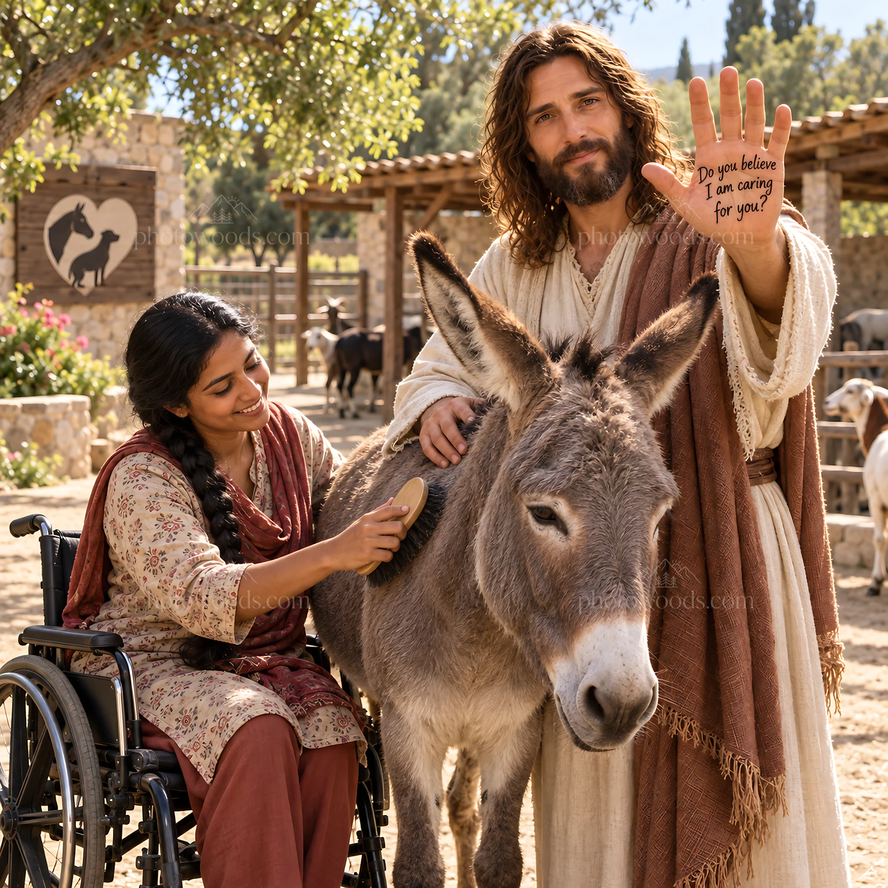 Jesus Christ comforting a woman and a donkey - AI-generated stock image