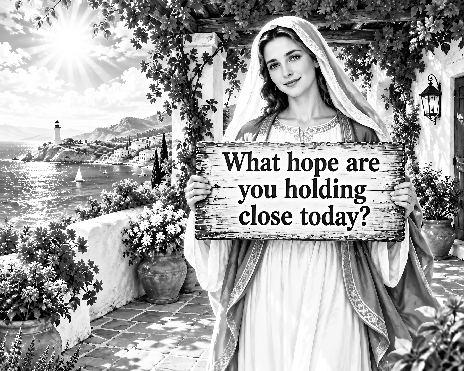 Jesus Christ holding a sign with a message of hope - AI-generated stock image