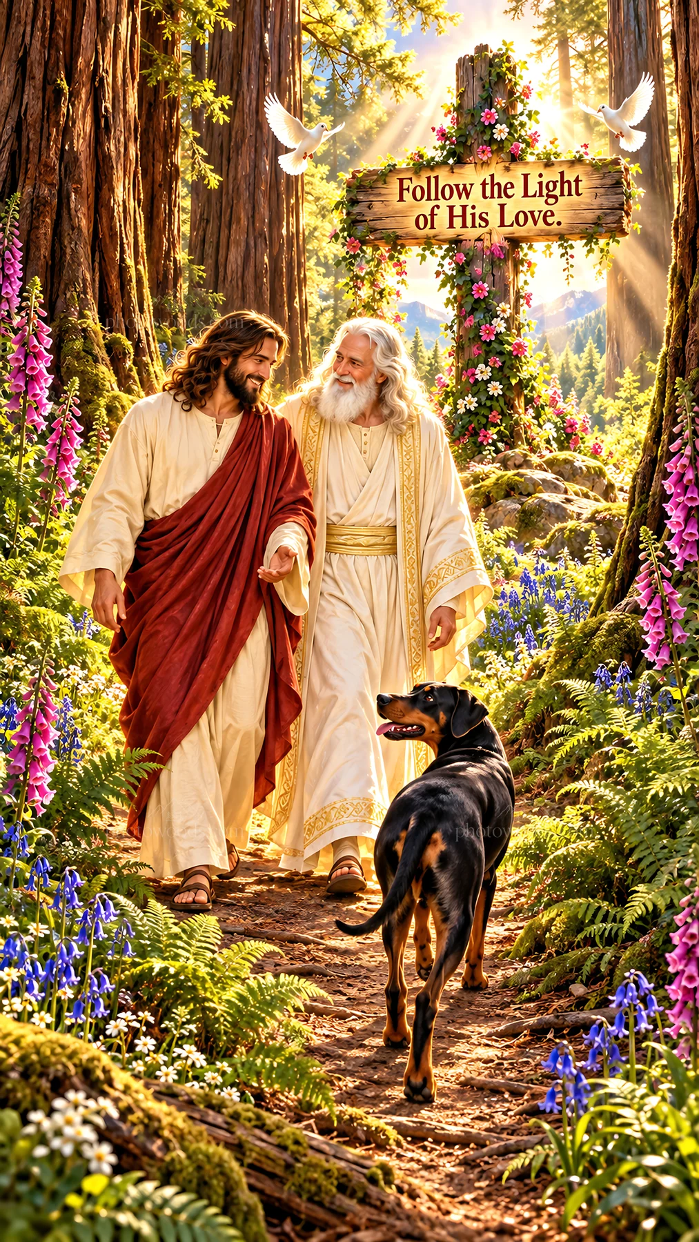 Jesus Christ walking with God in a lush forest scene - AI-generated stock image