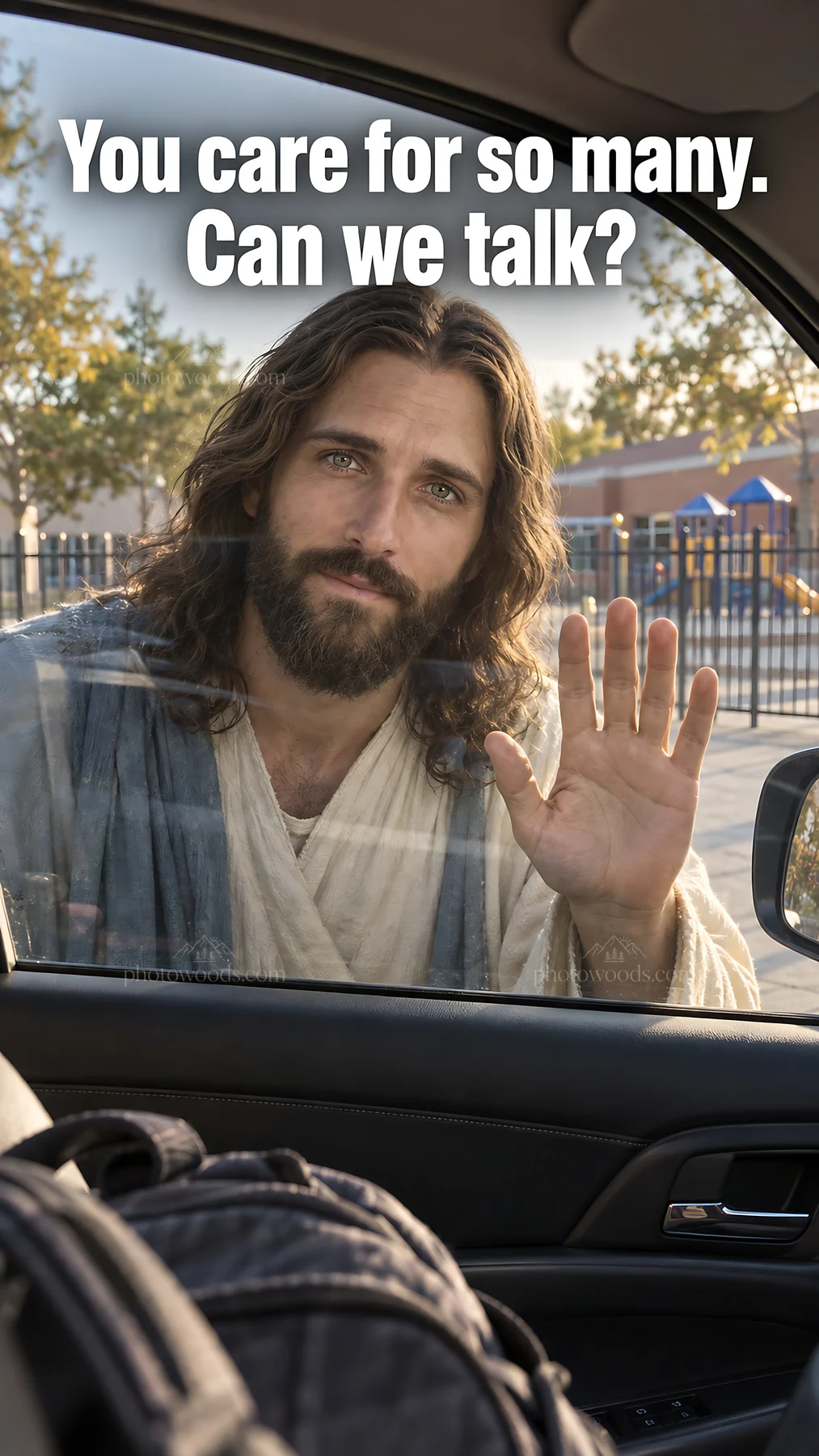 Jesus Christ asks to talk with a welcoming gesture - AI-generated stock image