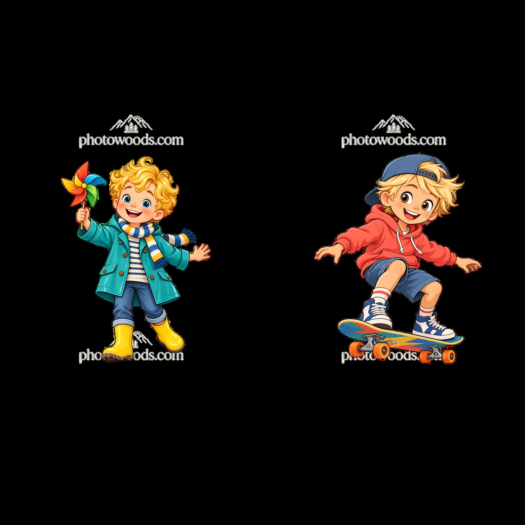 Blond child with a pinwheel and child skateboarding together - AI-generated stock image