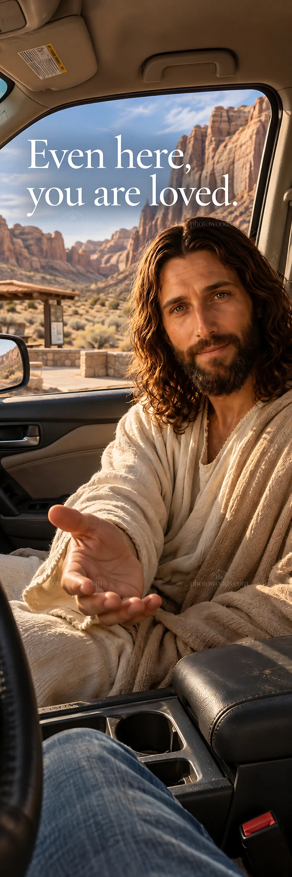 Jesus Christ offering love and comfort in a car setting - AI-generated stock image