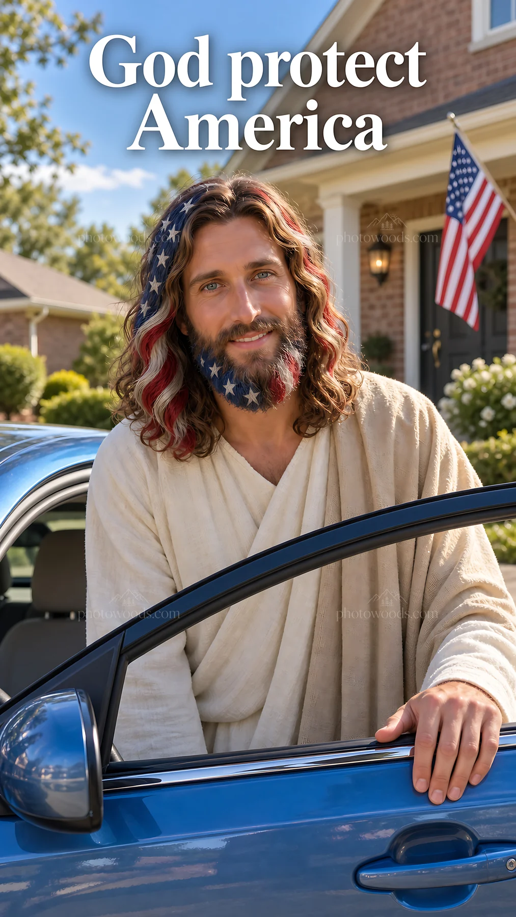 Jesus Christ offering a welcoming gesture in a modern setting - AI-generated stock image