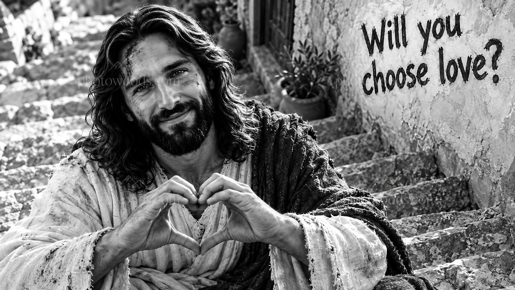 Jesus Christ asking if you will choose love - AI-generated stock image