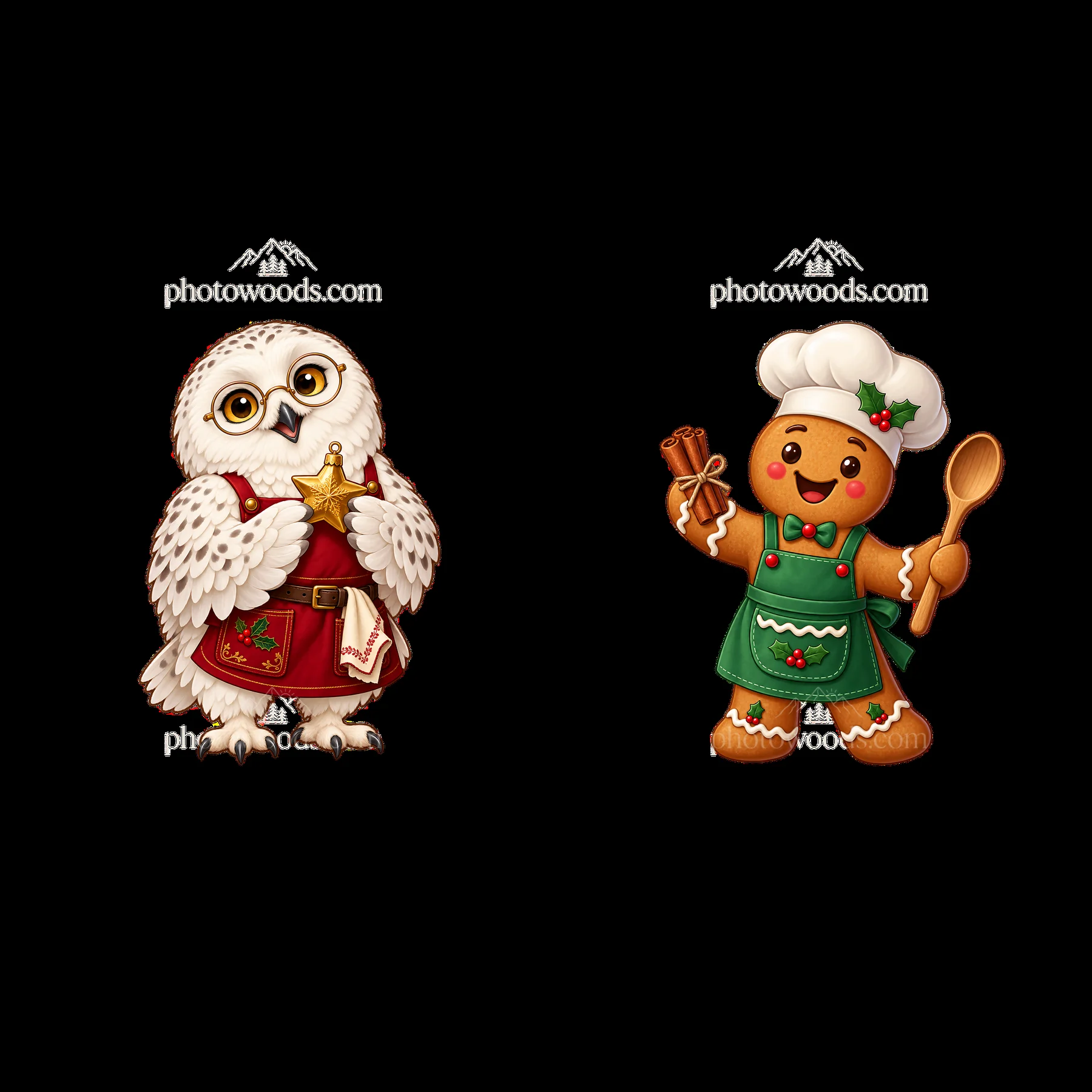 Owl holding a star and gingerbread man with a spoon - AI-generated stock image