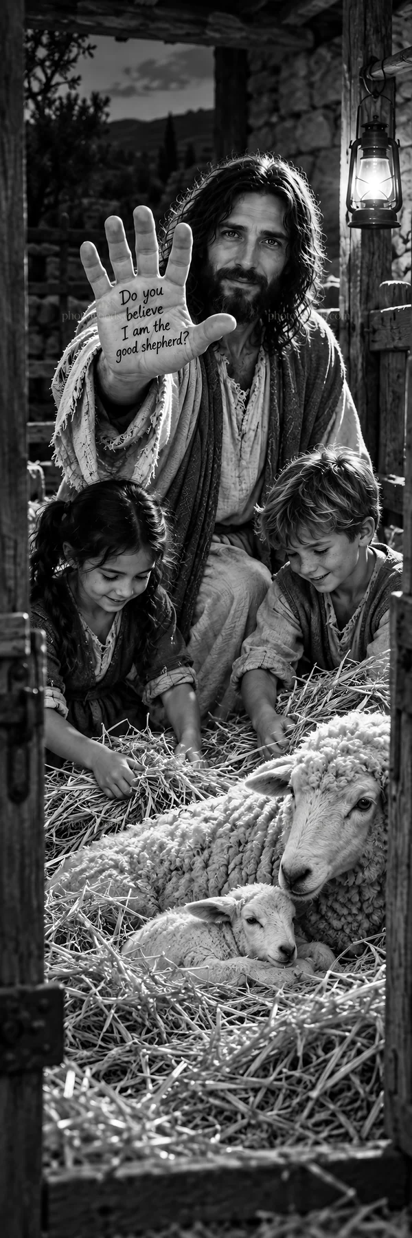 Jesus Christ with children and sheep in a stable setting - AI-generated stock image
