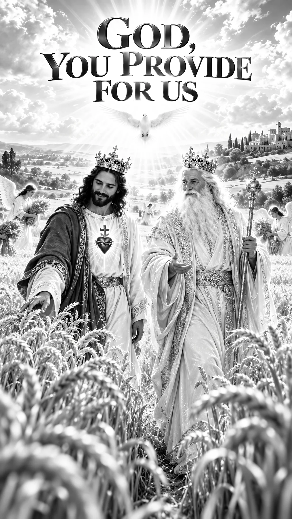 Jesus Christ walking through a wheat field with God - AI-generated stock image