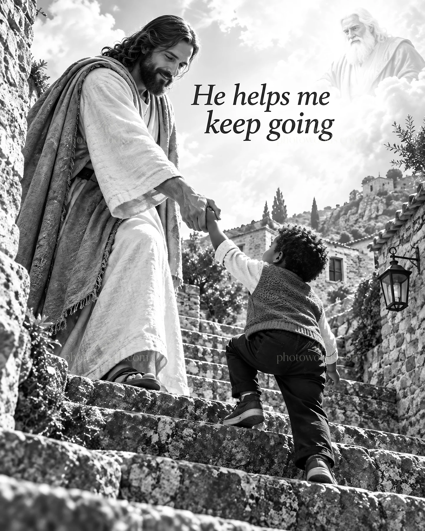 Jesus Christ helps a child and offers guidance - AI-generated stock image