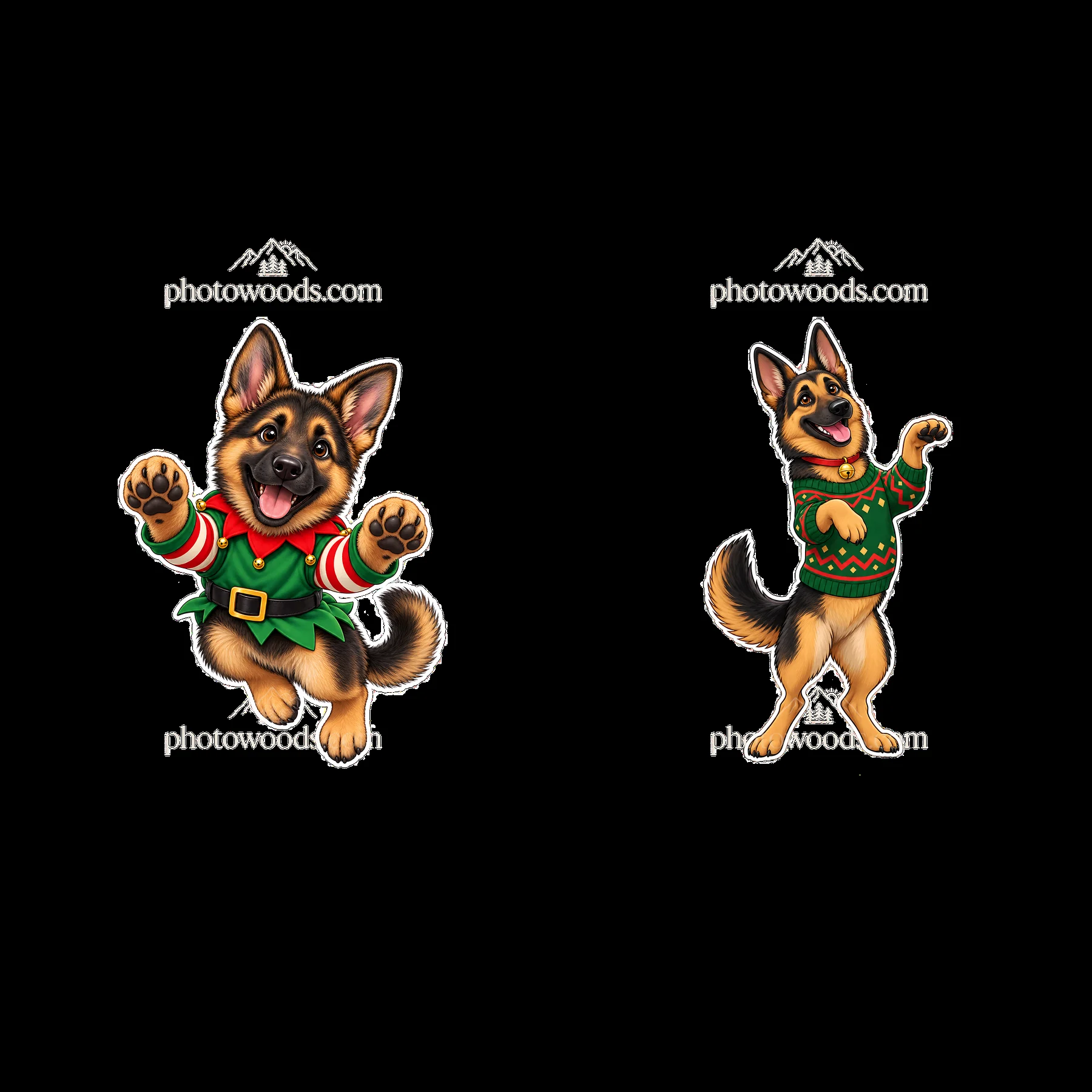 Christmas German Shepherds in festive outfits jumping with joy - AI-generated stock image
