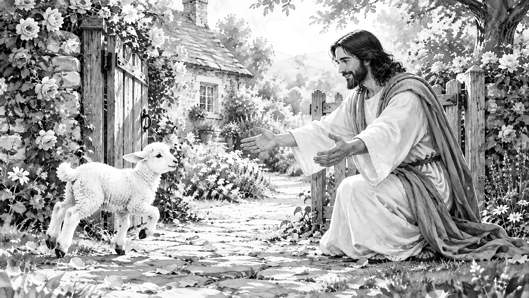 Jesus Christ welcoming a lamb in a garden setting - AI-generated stock image