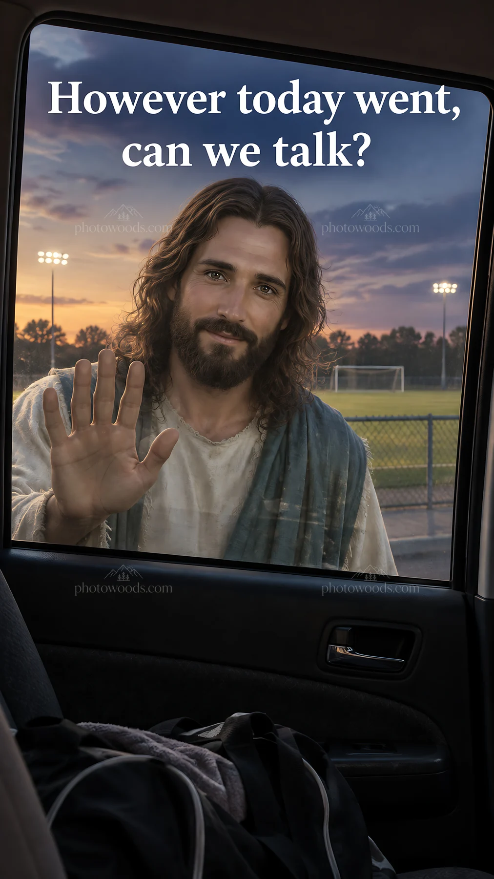 Jesus Christ welcoming the viewer at sunset - AI-generated stock image