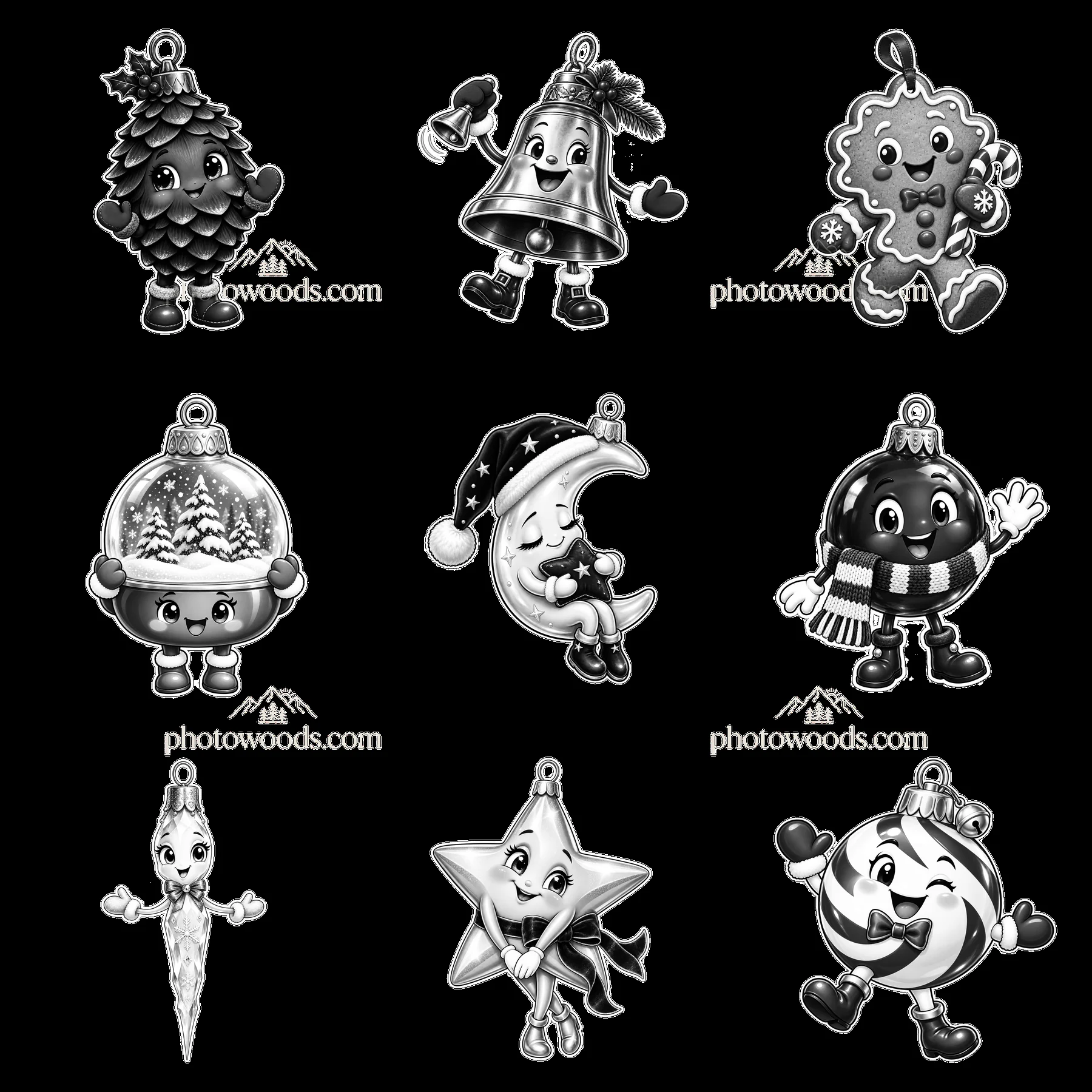 Christmas ornaments in black and white cartoon style - AI-generated stock image