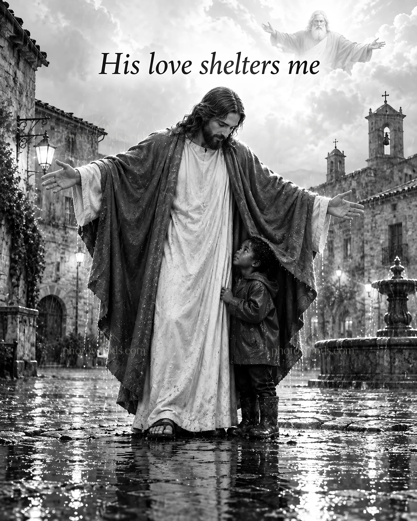 Jesus Christ comforts a child in a rain-soaked setting - AI-generated stock image