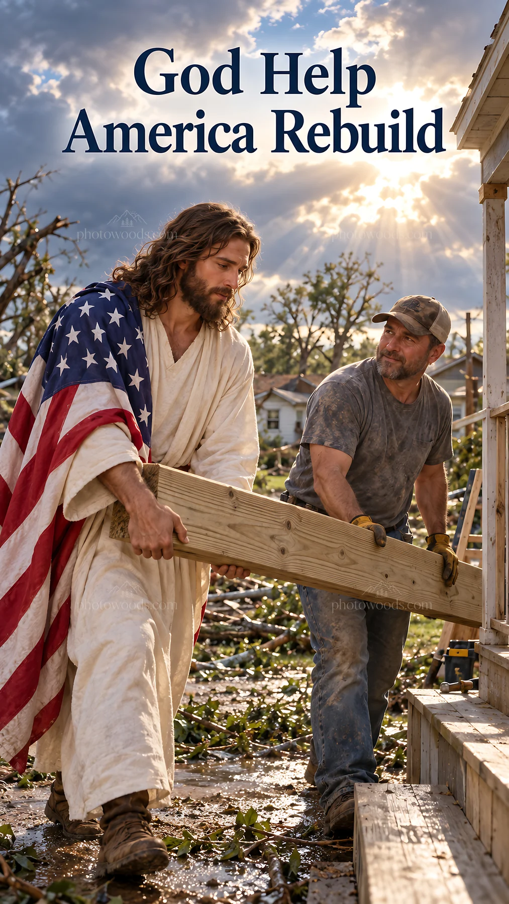 Jesus Christ helping rebuild after disaster - AI-generated stock image