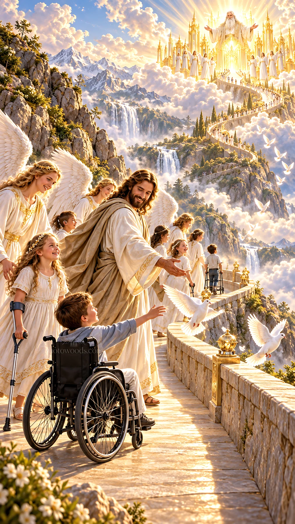 Jesus Christ comforting children and sharing joy with angels - AI-generated stock image