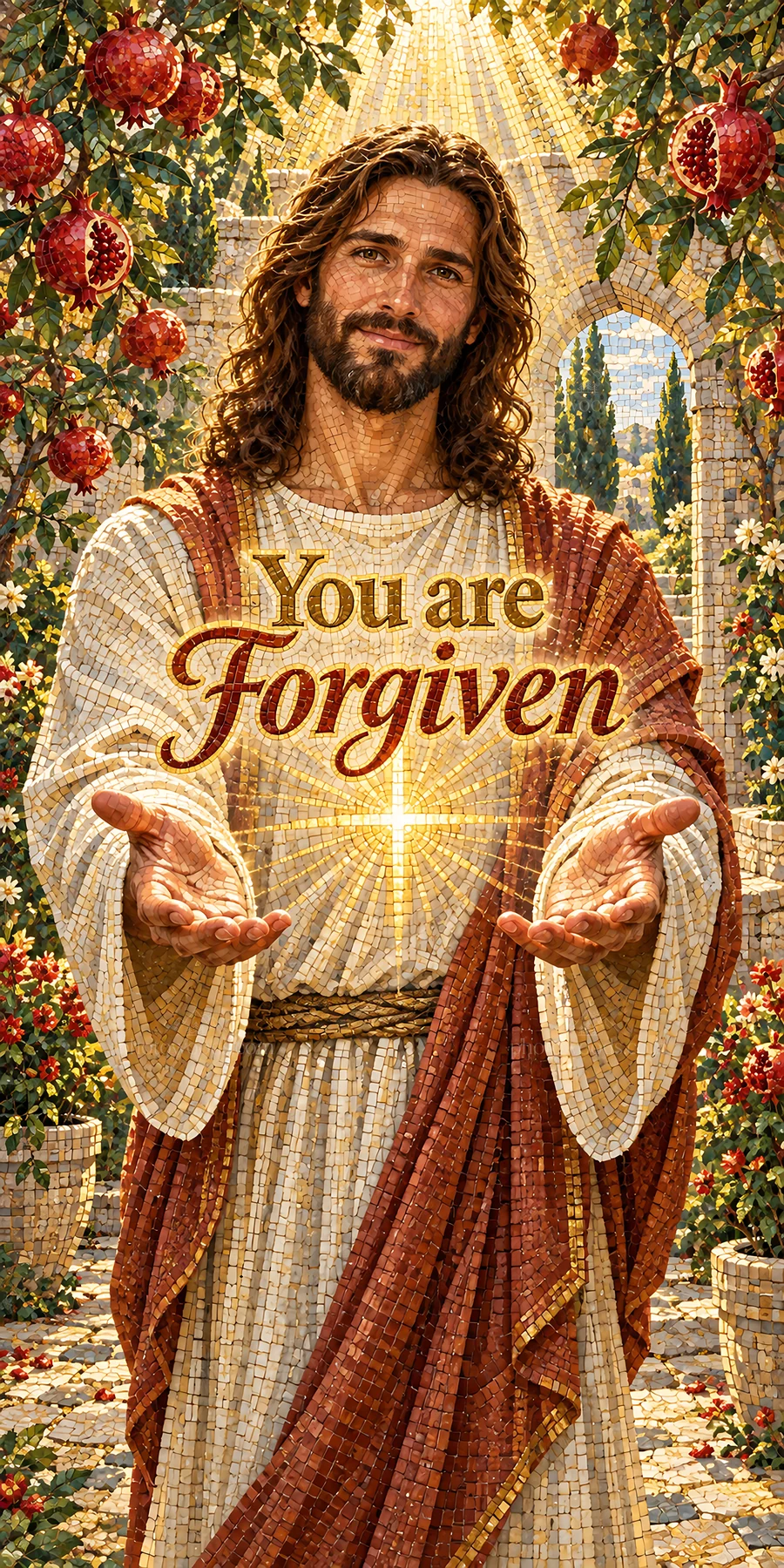 Jesus Christ stands in a garden, extending his hands to the viewer - AI-generated stock image