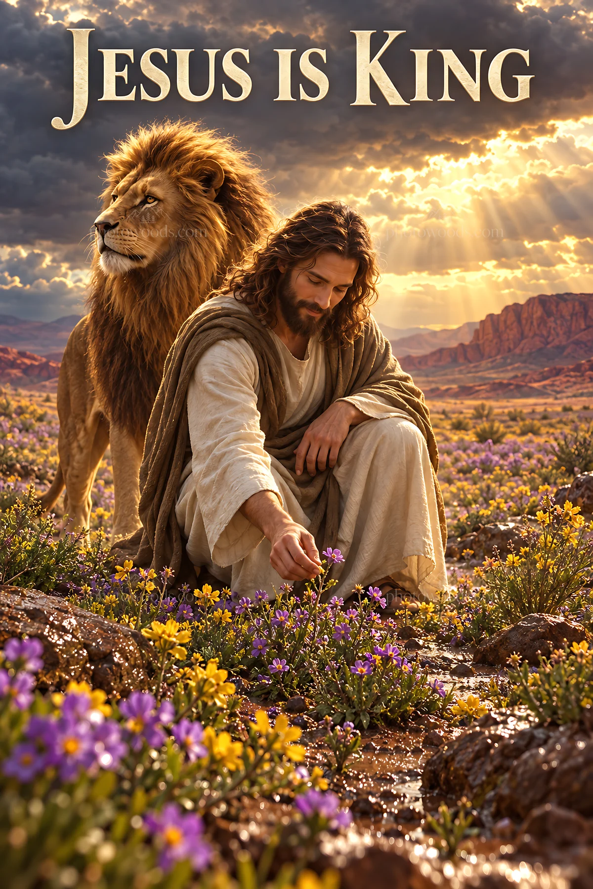Jesus Christ tending to flowers alongside a lion - AI-generated stock image