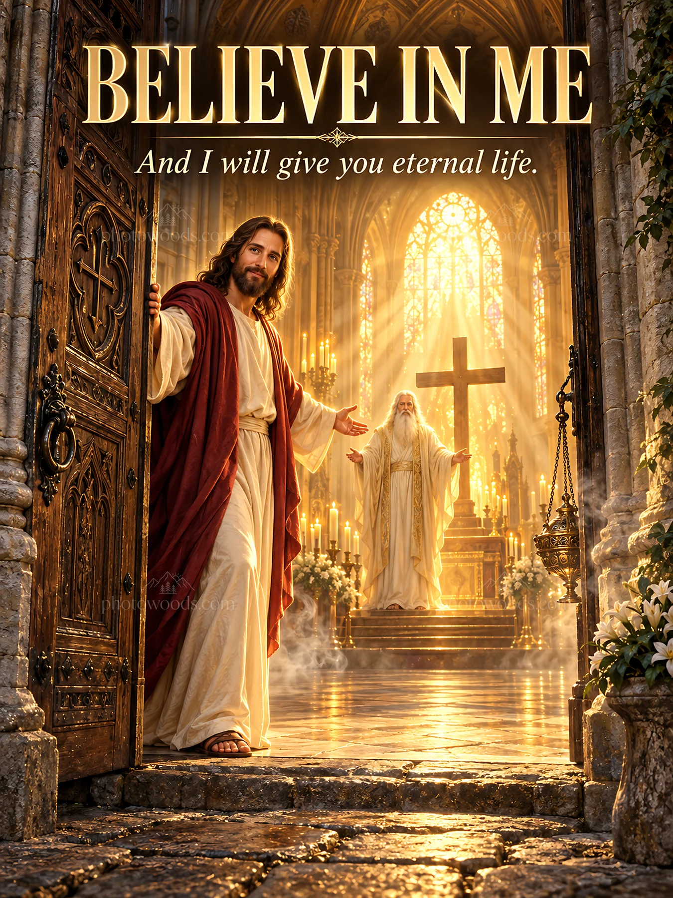 Jesus Christ welcoming with promise of eternal life - AI-generated stock image