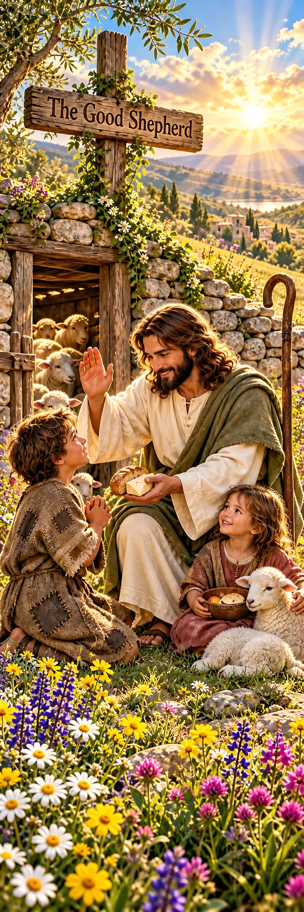 Jesus Christ shares with children in a pastoral setting - AI-generated stock image
