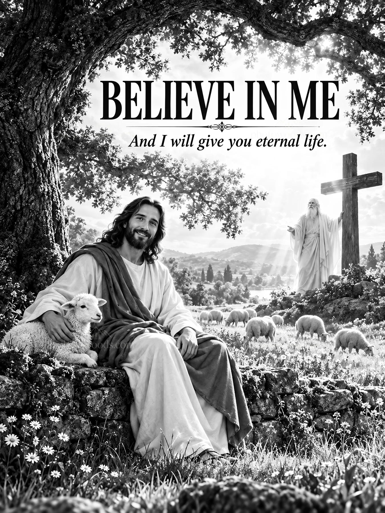 Jesus Christ welcoming a sheep and teaching near a cross - AI-generated stock image