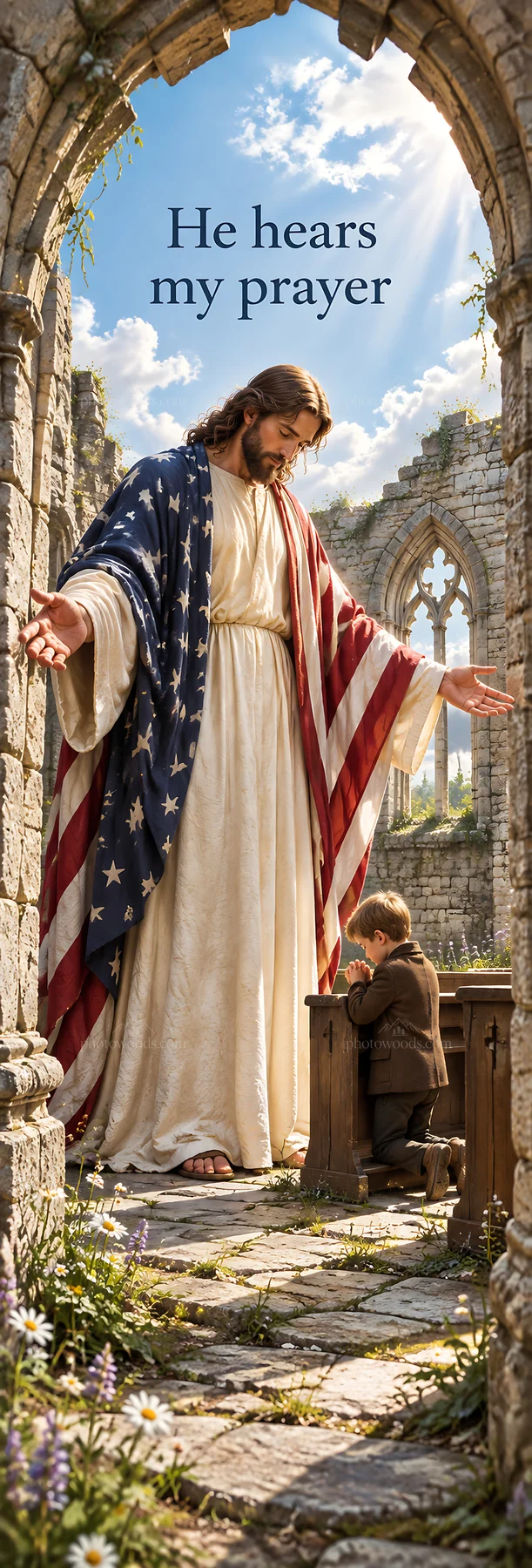 Jesus Christ stands with a child in a ruined church - AI-generated stock image