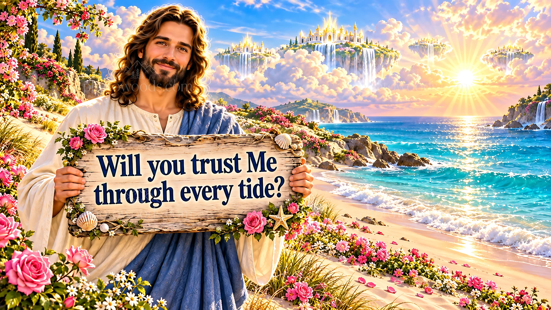 Jesus Christ invites trust through every tide - AI-generated stock image