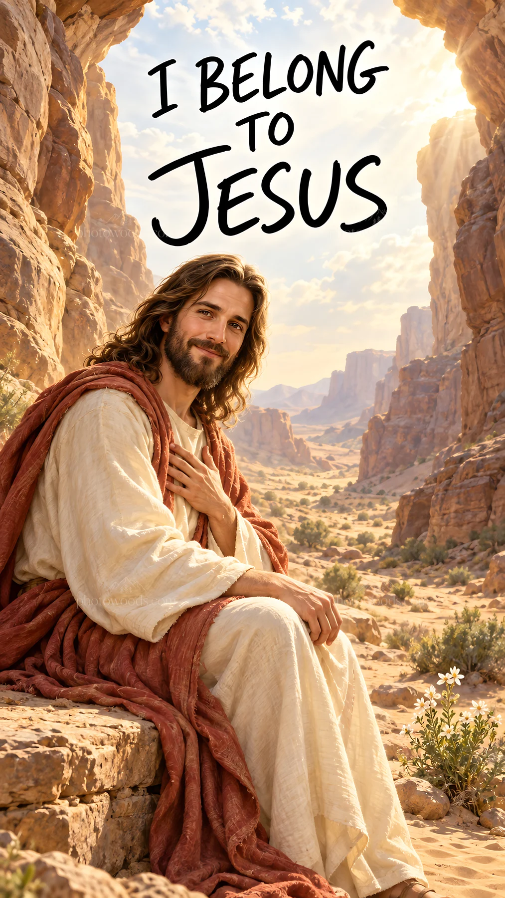 Jesus Christ in a desert landscape inviting viewers - AI-generated stock image