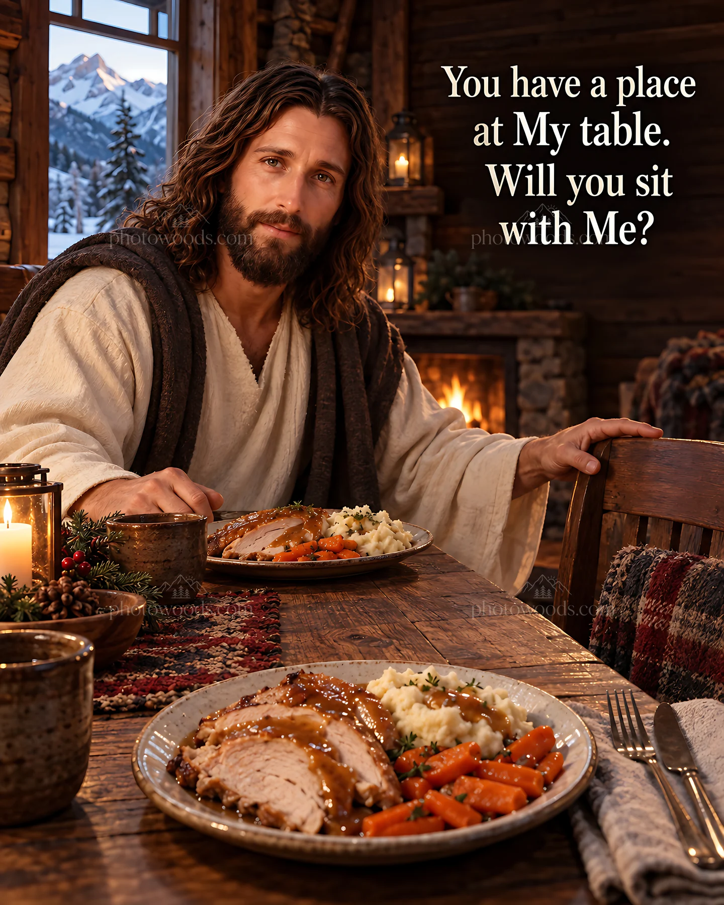 Warmth in the mountain cabin with a meal on the table - AI-generated stock image