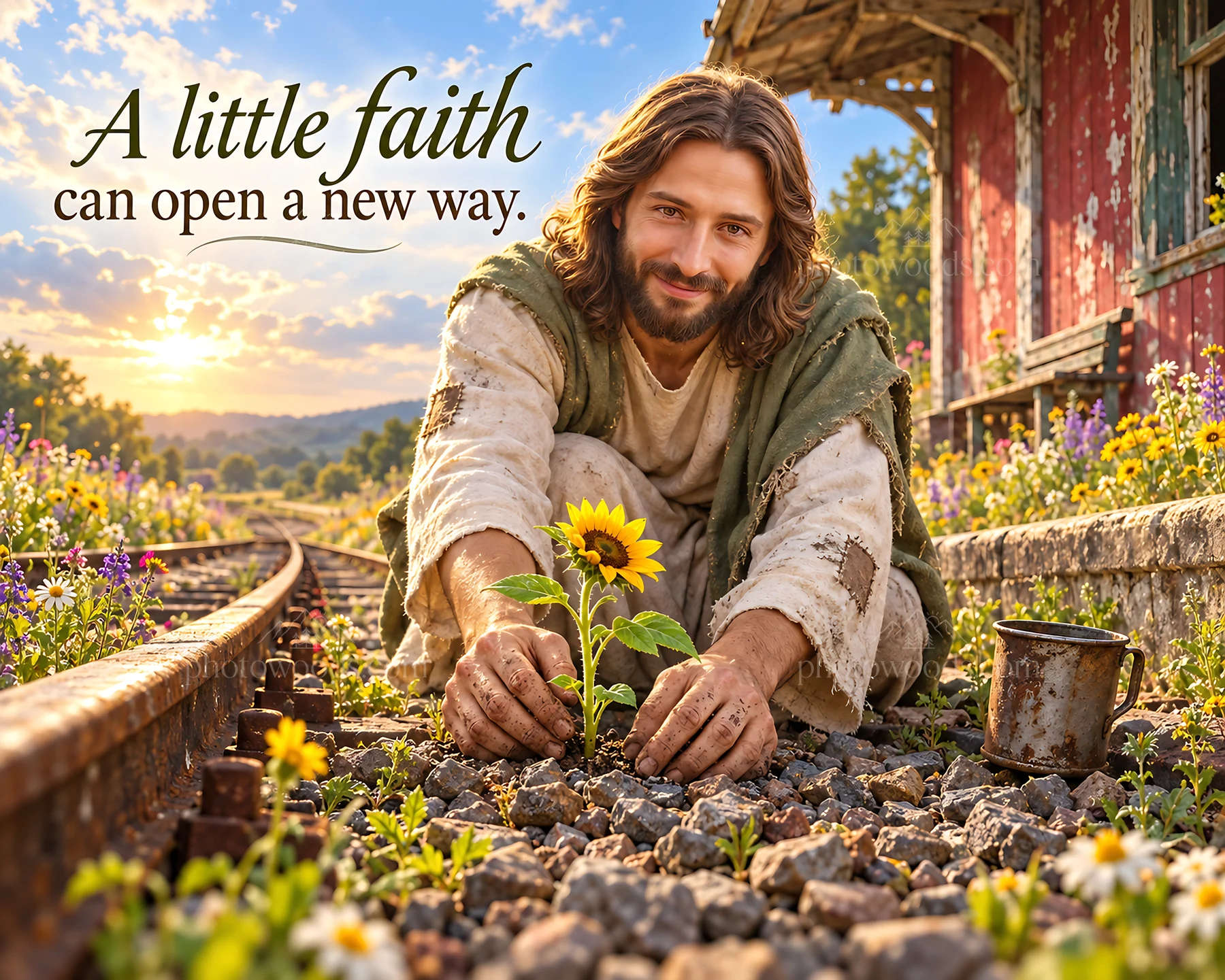 Jesus Christ planting a sunflower on a railway track - AI-generated stock image