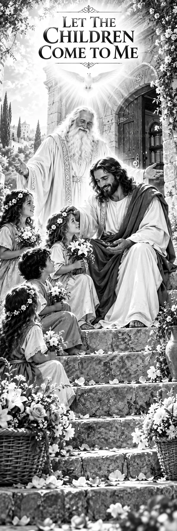 Jesus Christ welcoming children and teaching on the steps - AI-generated stock image