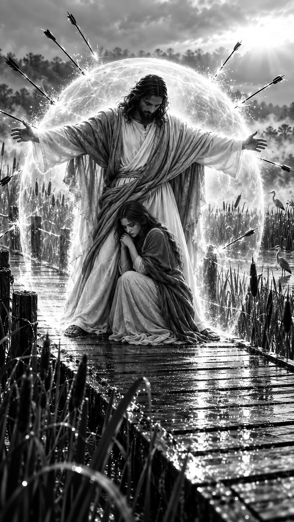 Jesus Christ comforting a woman in a reflective water setting - AI-generated stock image