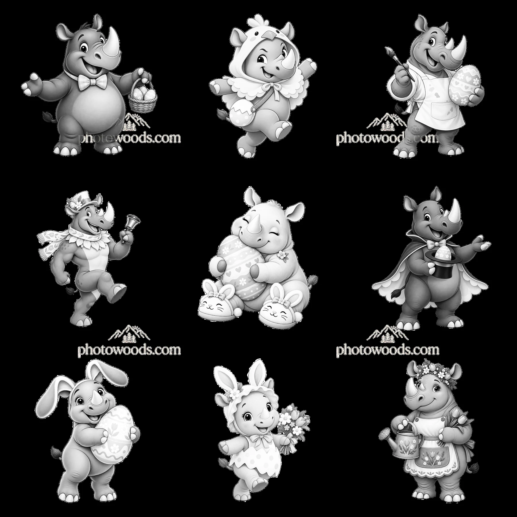 Easter rhinoceros characters in a 3x3 grid illustration - AI-generated stock image
