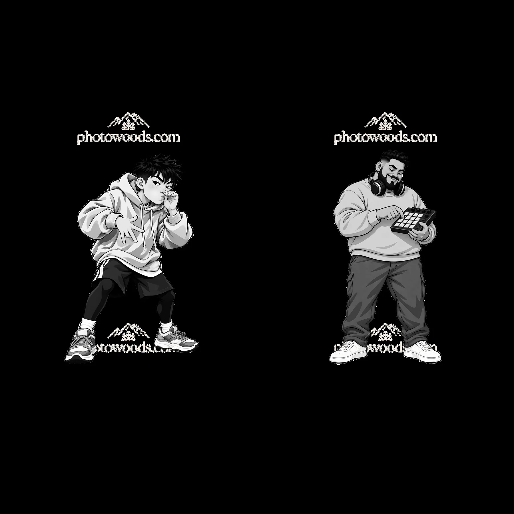 Hip-hop artists creating music with digital tools and dance moves - AI-generated stock image