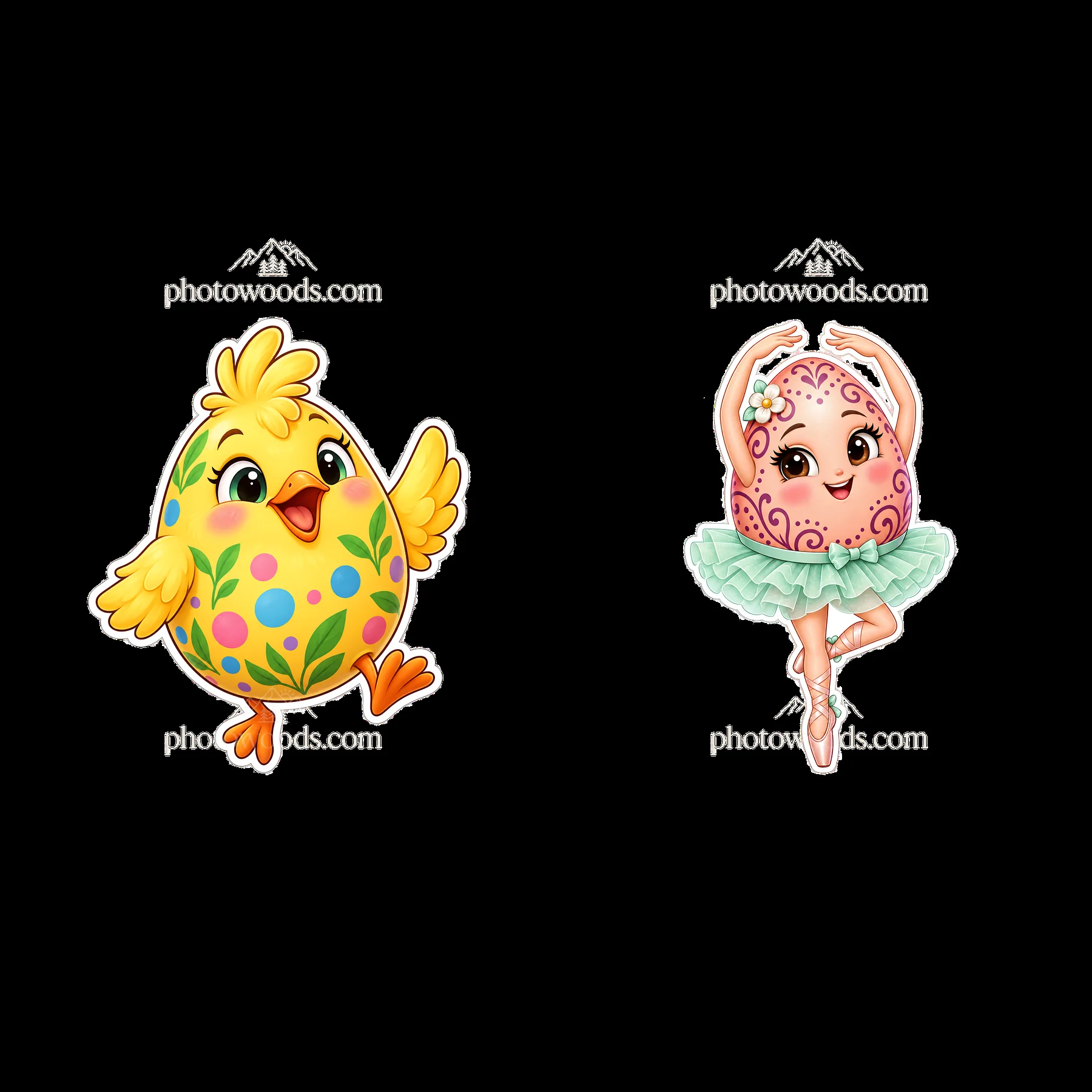 Colorful cartoon chick and ballet egg sticker design - AI-generated stock image