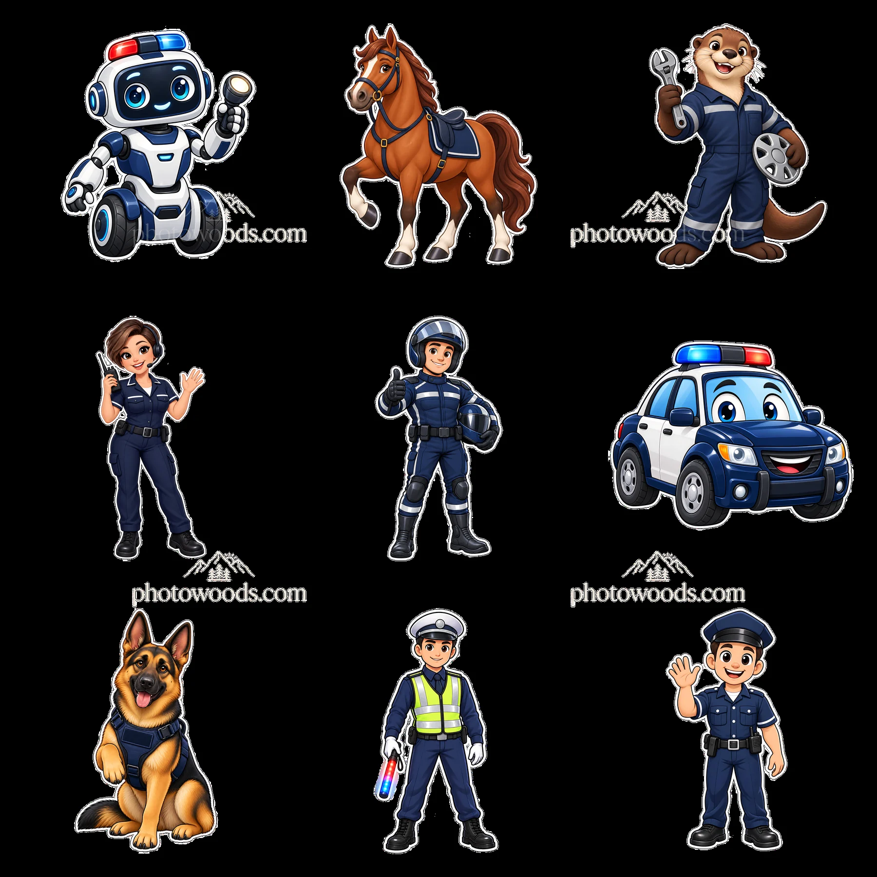 Police and rescue characters in a 3x3 grid arrangement - AI-generated stock image