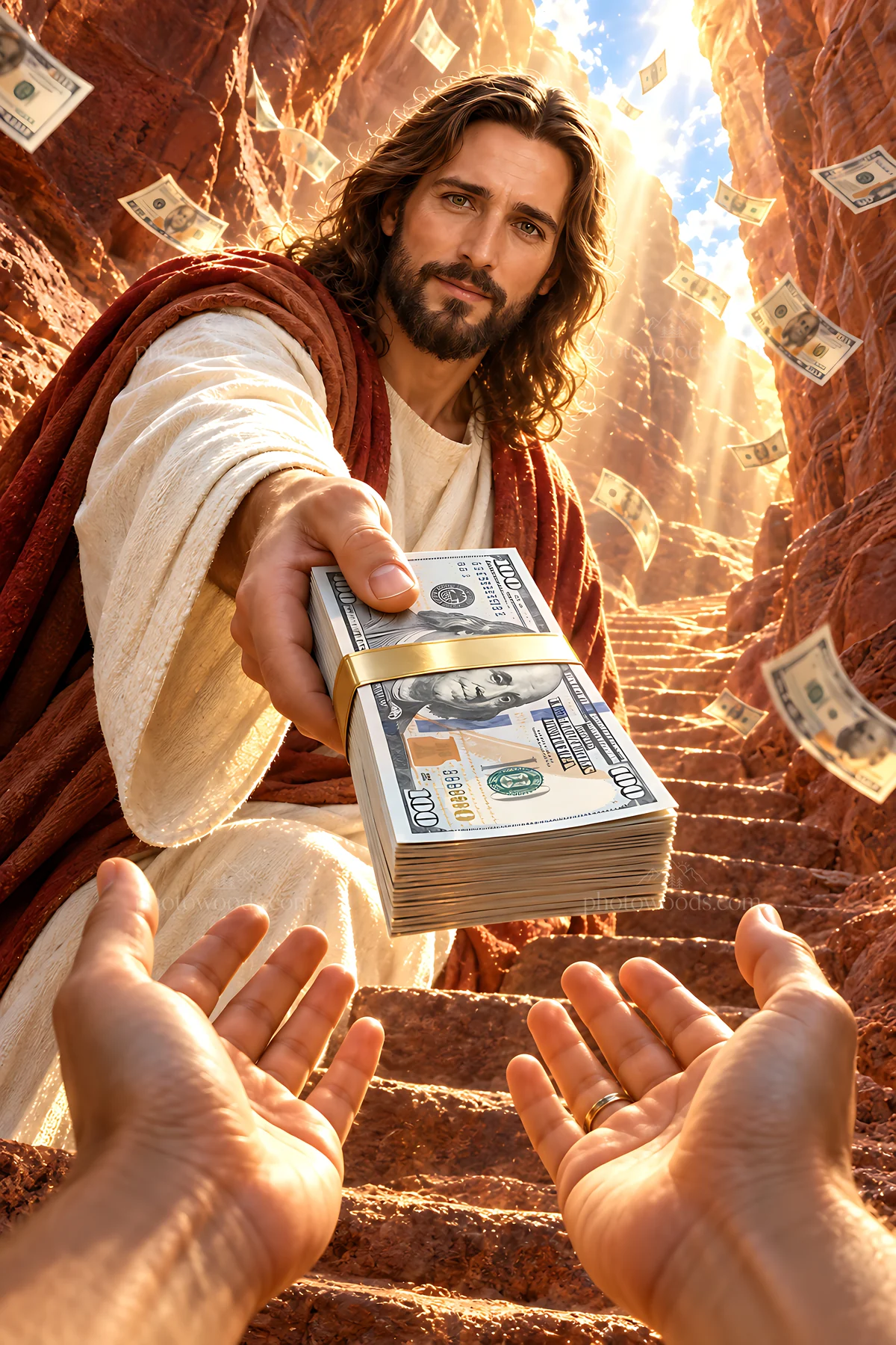 Canyon stairway with a figure giving money to another person - AI-generated stock image
