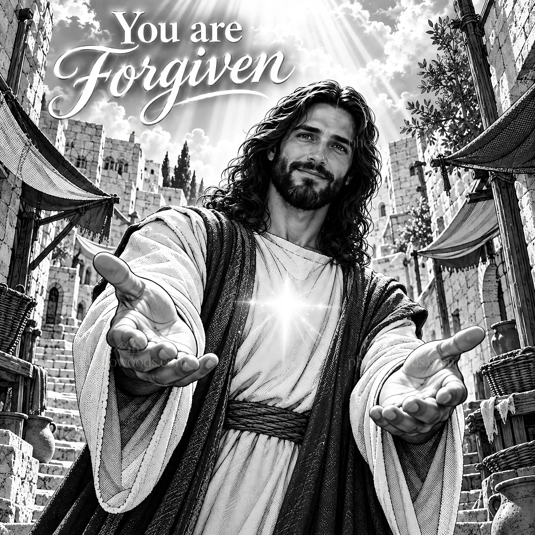 Jesus Christ welcoming with open arms and offering forgiveness - AI-generated stock image