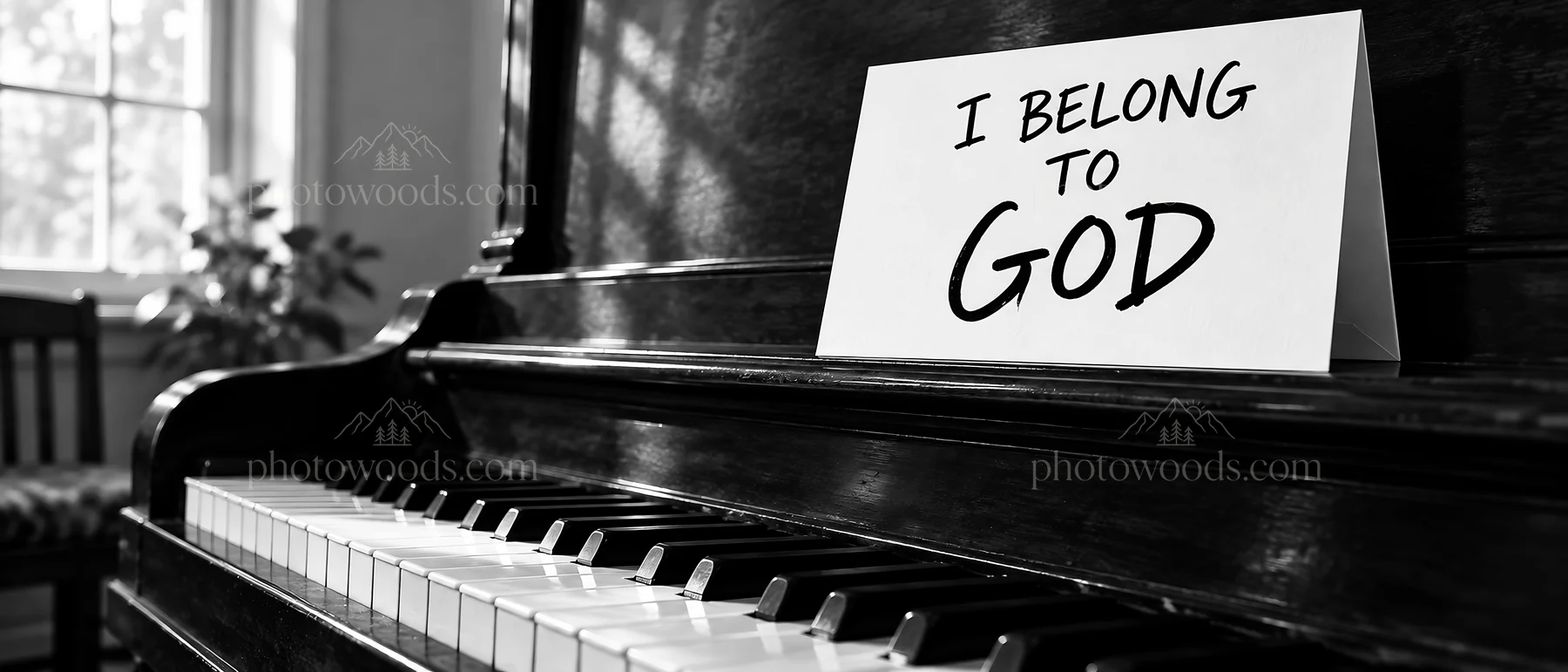 Jesus Christ on a piano with a sign stating I belong to God - AI-generated stock image